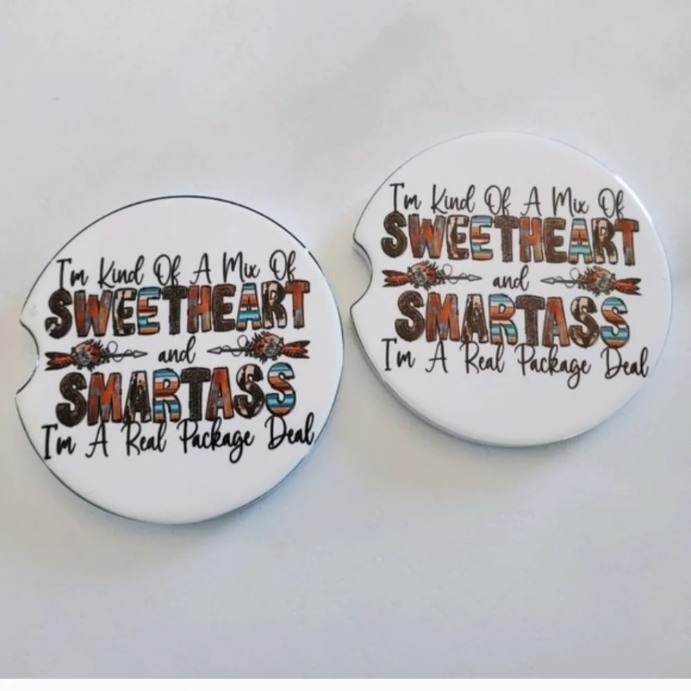 Set Of 2 Ceramic Funny Car Coasters SWEETHEART and SMARTA$$
